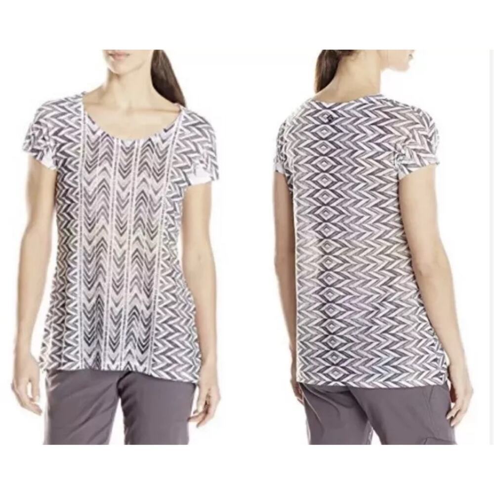 PrAna Danni Short Sleeve Thin‎ T-Shirt Gray White Chevron Design Women’s Size L